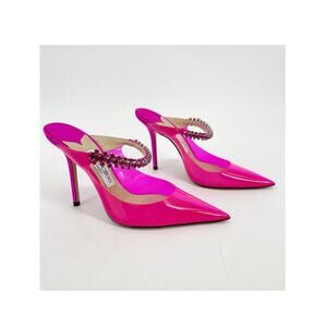 Jimmy Choo Bing 100 Pink Plexi Crystal Strap Pointed Toe Mule Slide Heels IT 39